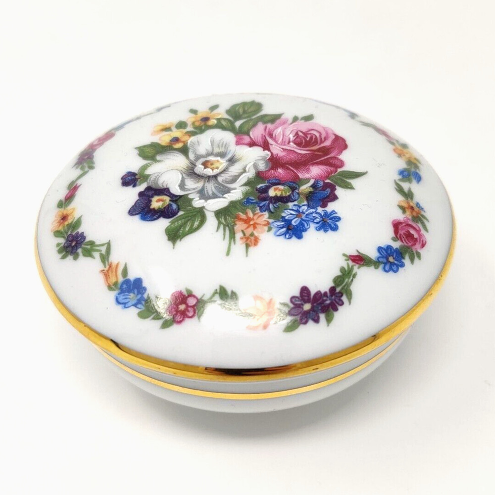 Floral Porcelain 3" Round Trinket Dish Box Earrings Rings Pins PM Wreath Crown